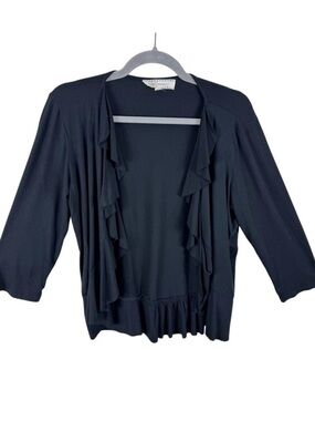 Pointelle Black 3/4 Sleeve Ruffled Lightweight Stretchy Cropped Open Blouse Sz L